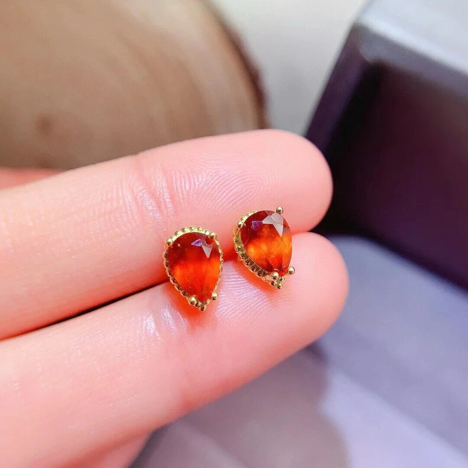 Natural Orange Garnet Stud Earrings 5x7mm Platinum Plated, Garnet Stud Earrings