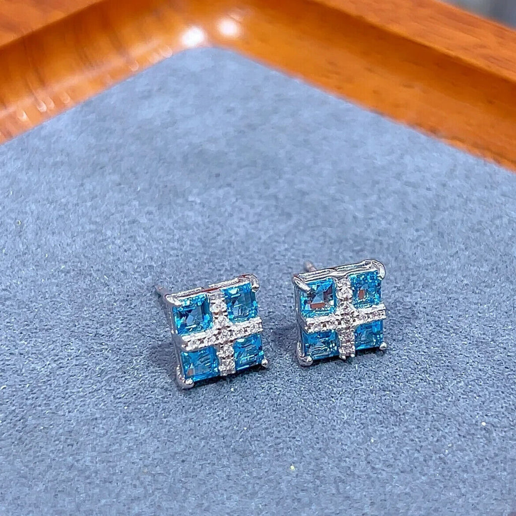 Swiss Blue Topaz Stud Earrings Platinum Plated Silver, Bright Blue Topaz Earring