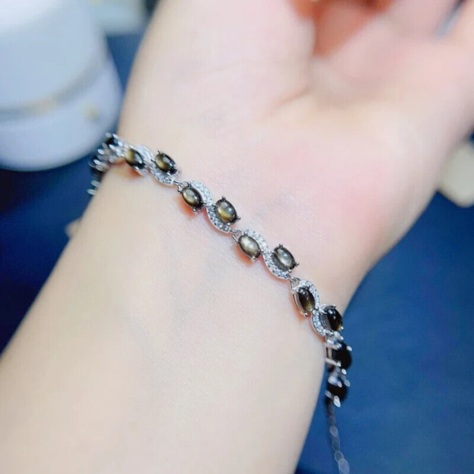 Star Sapphire Bracelet, Natural Star Sapphire Tennis Bracelet 925 Sterling