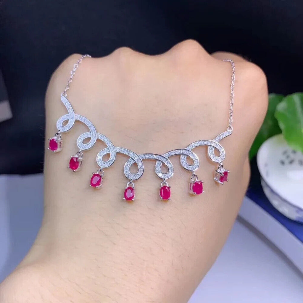 Natural Ruby Clavicle Chain Necklace, Genuine Ruby Charm Necklace 925 Sterling