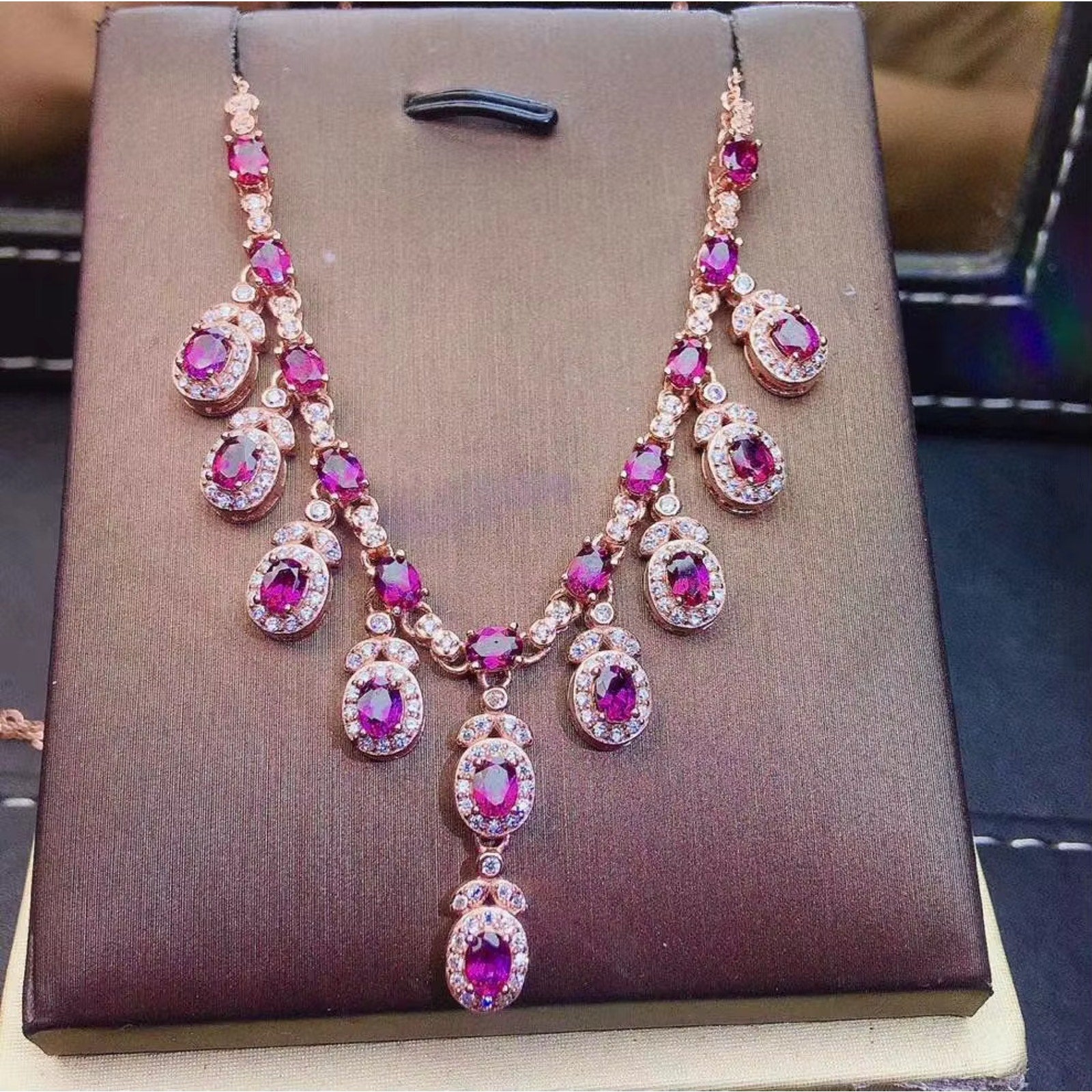 Natural Pink Garnet Charm Necklace 925 Sterling Silver, Garnet Necklace 3x4mm