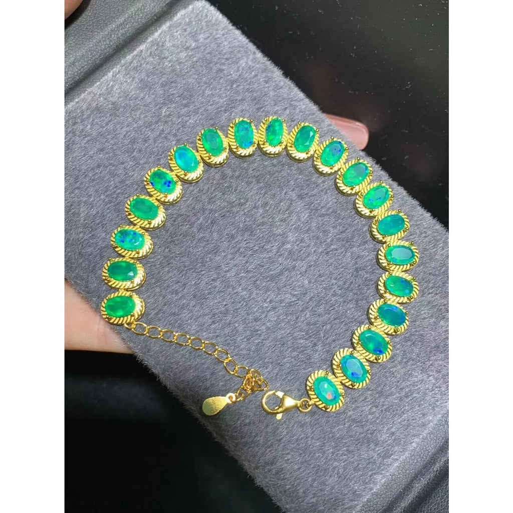 Natural Green Fire Opal Gemstone Bracelet, Fire Opal Tennis Bracelet Green 4x6mm