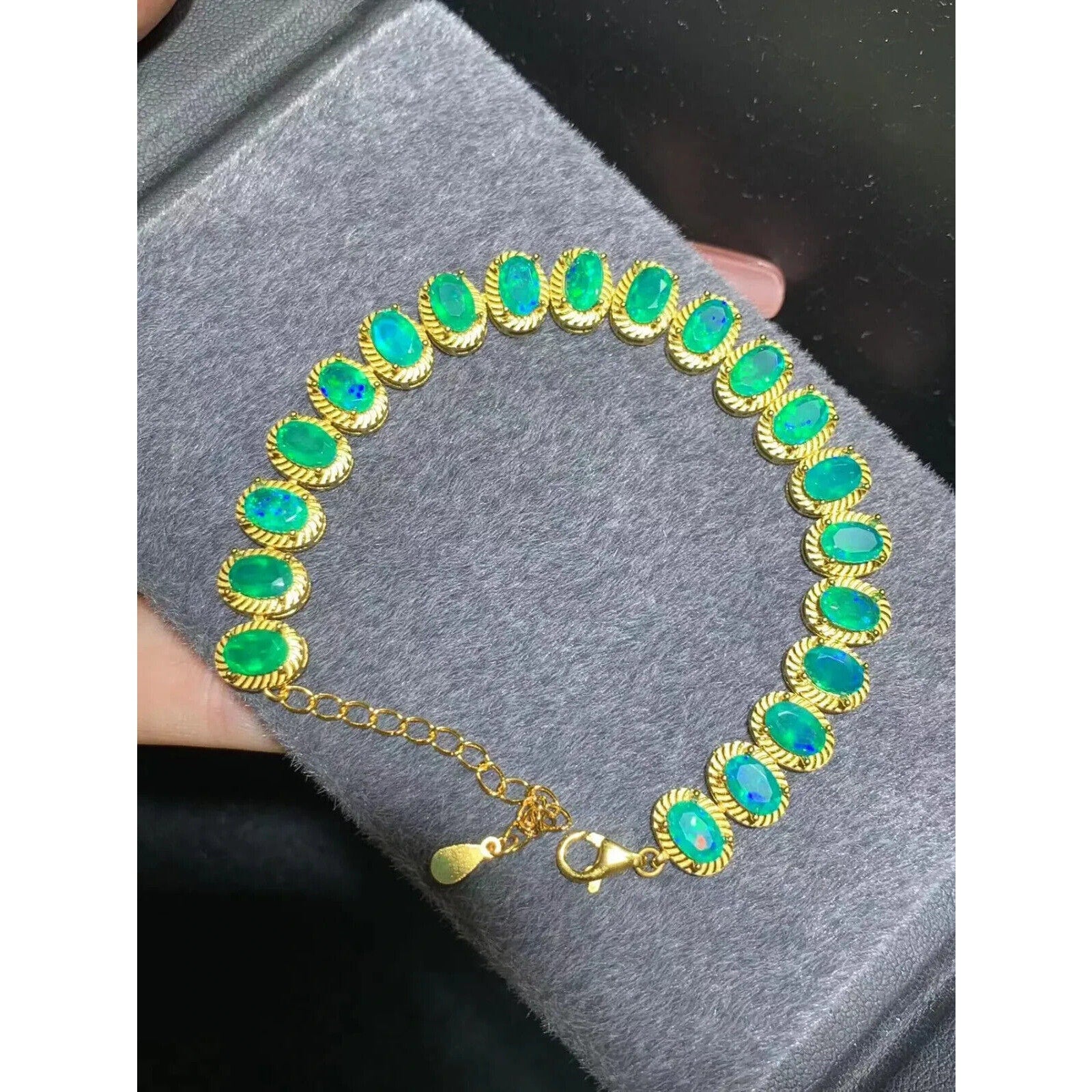 Natural Green Fire Opal Gemstone Bracelet, Fire Opal Tennis Bracelet Green 4x6mm