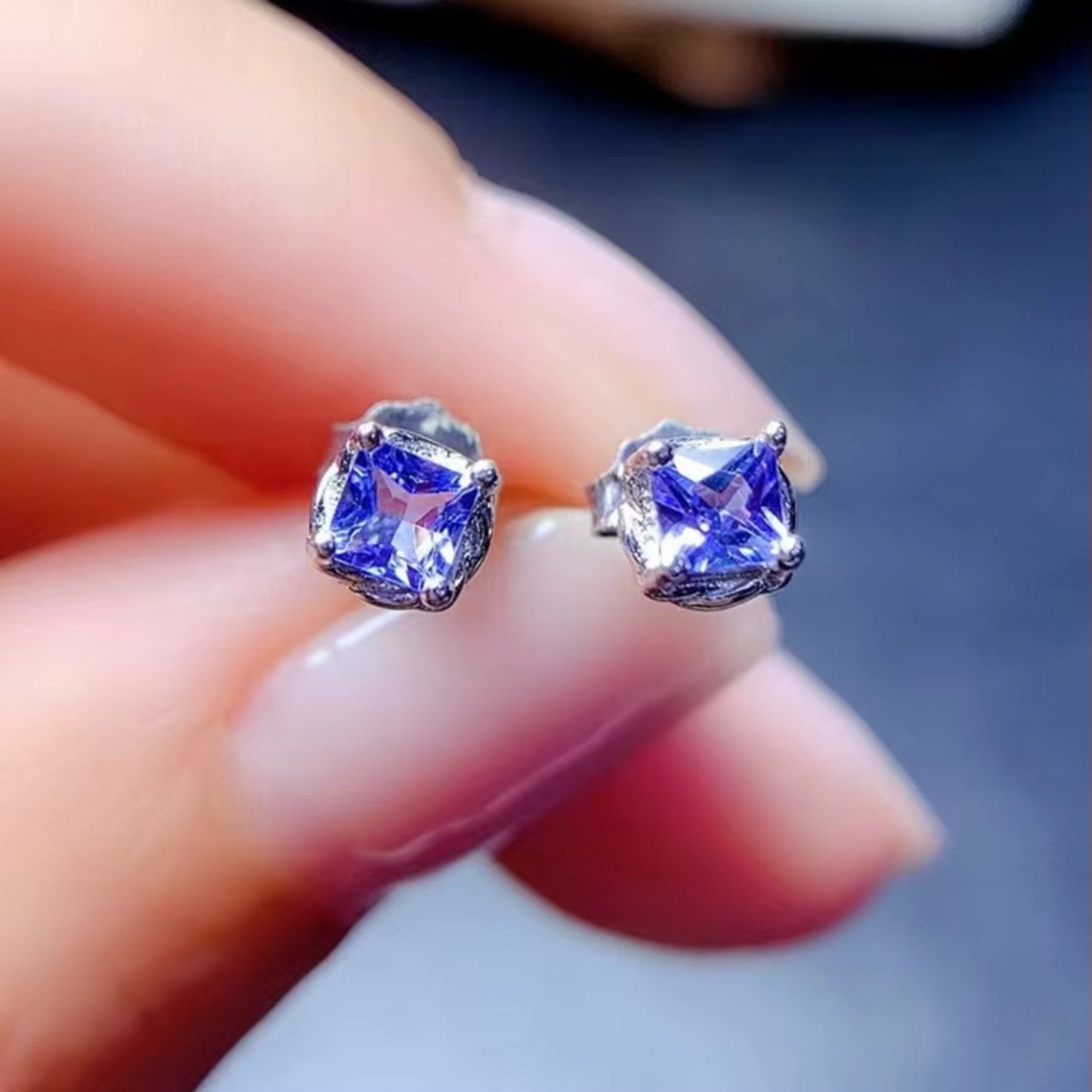 Natural Tanzanite Stud Earrings, Purple Tanzanite Earrings Sterling Silver