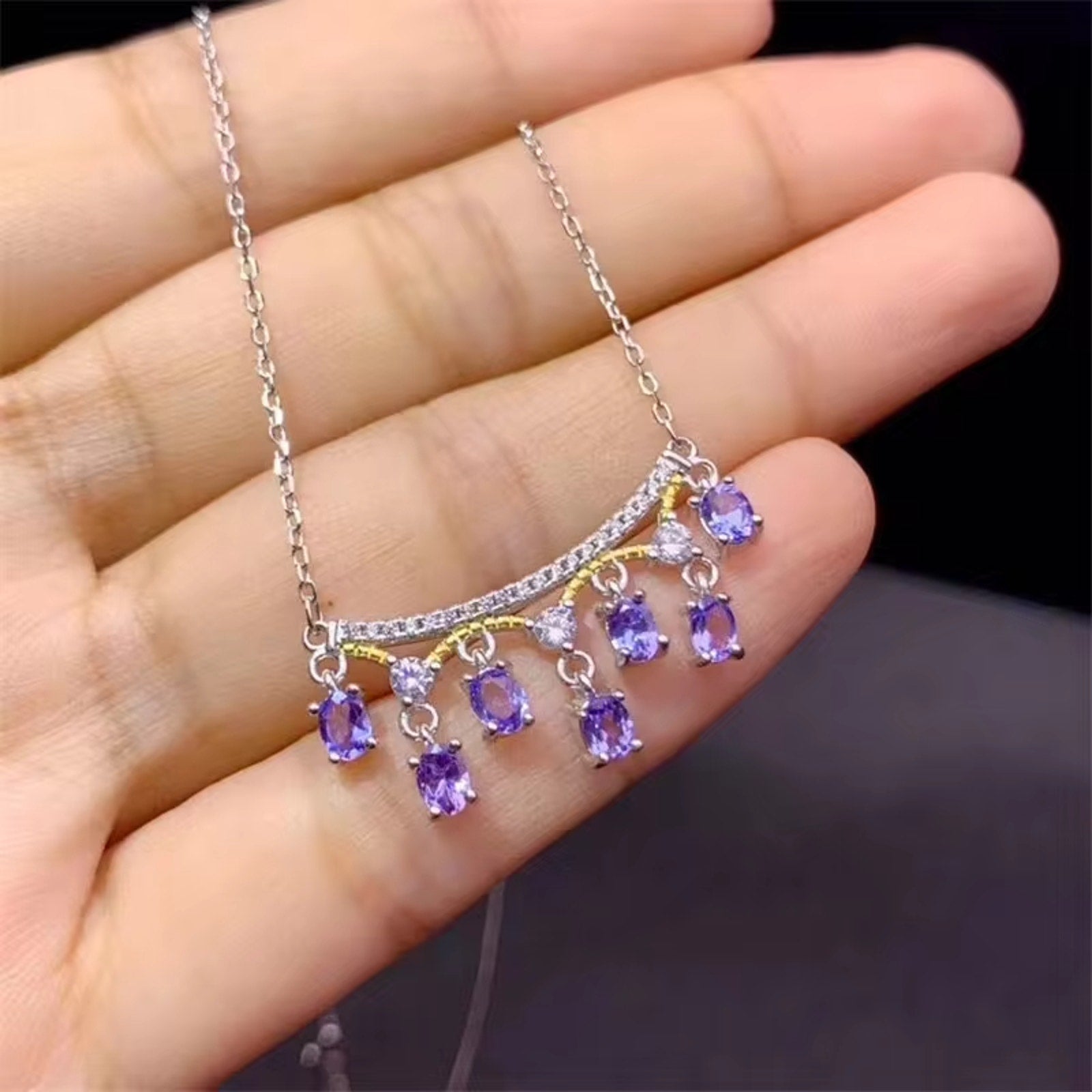 Tanzanite Necklace, Dainty Purple Tanzanite Charm Necklace Sterling Silver 3x4mm