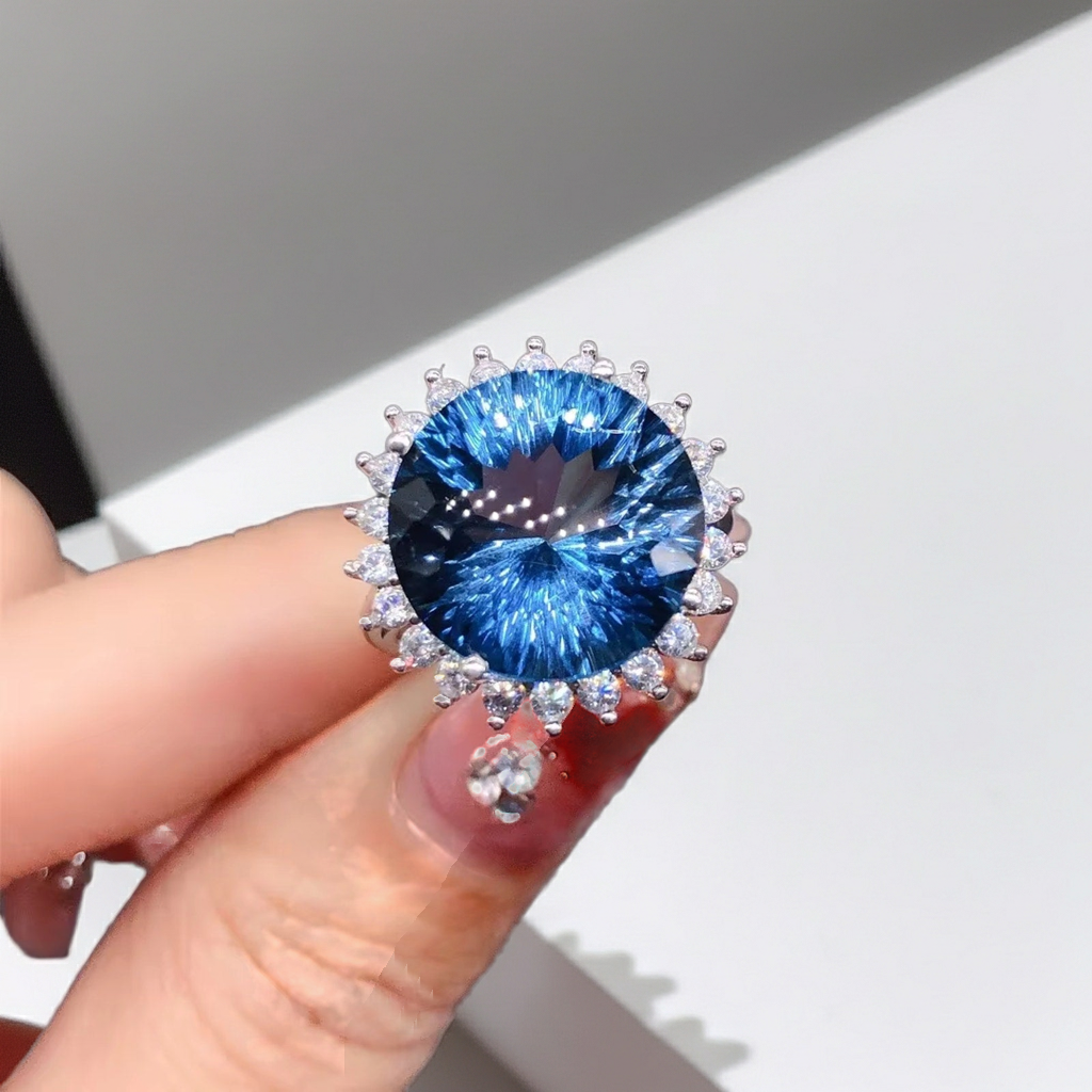 12Ct Firework Cut London Blue Topaz Halo Engagement Ring 925 Sterling Silver