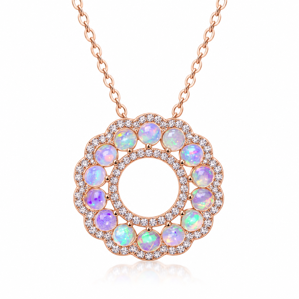 Natural fire opal pendant necklace with 3mm round gemstones in 925 sterling silver on a white background