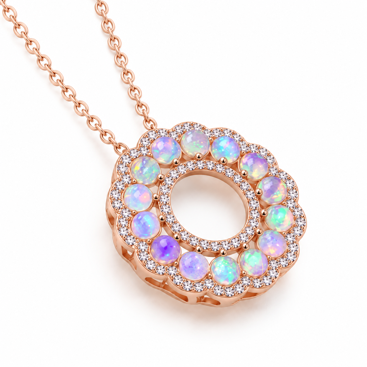 Angled view of natural 3mm round fire opal pendant necklace in 925 sterling silver