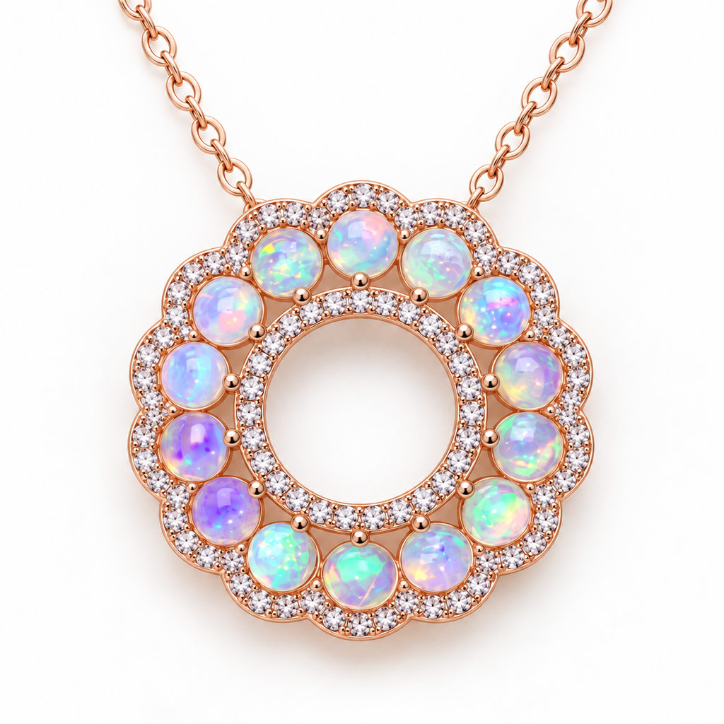 Top view of circular natural fire opal pendant with 3mm round gemstones and sparkling accents