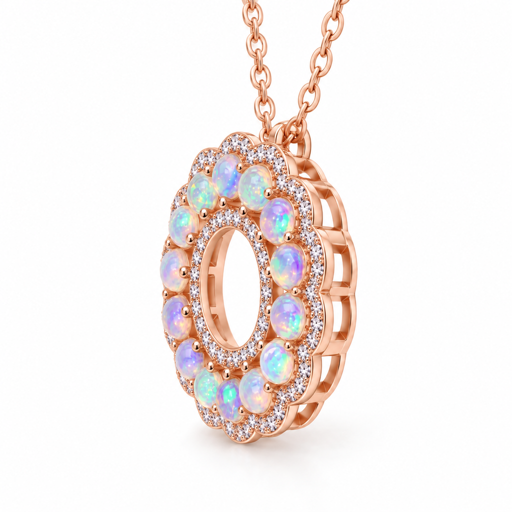 Side view of natural fire opal pendant necklace showing the circular gemstone setting and sterling silver construction