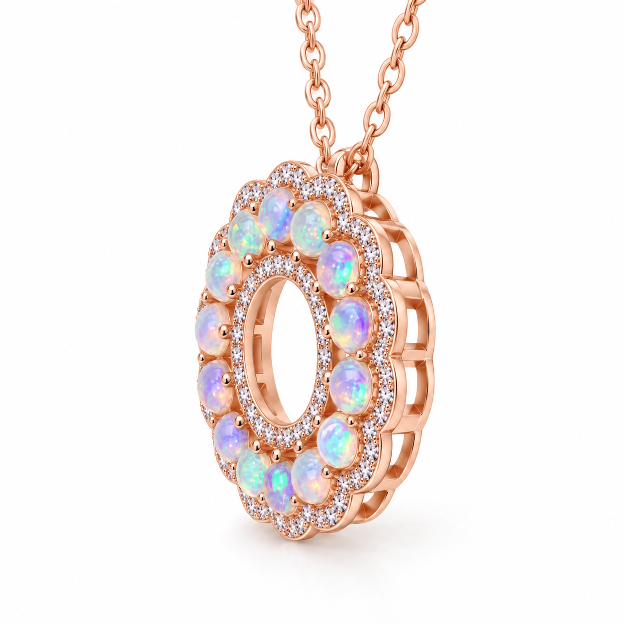 Side view of natural fire opal pendant necklace showing the circular gemstone setting and sterling silver construction