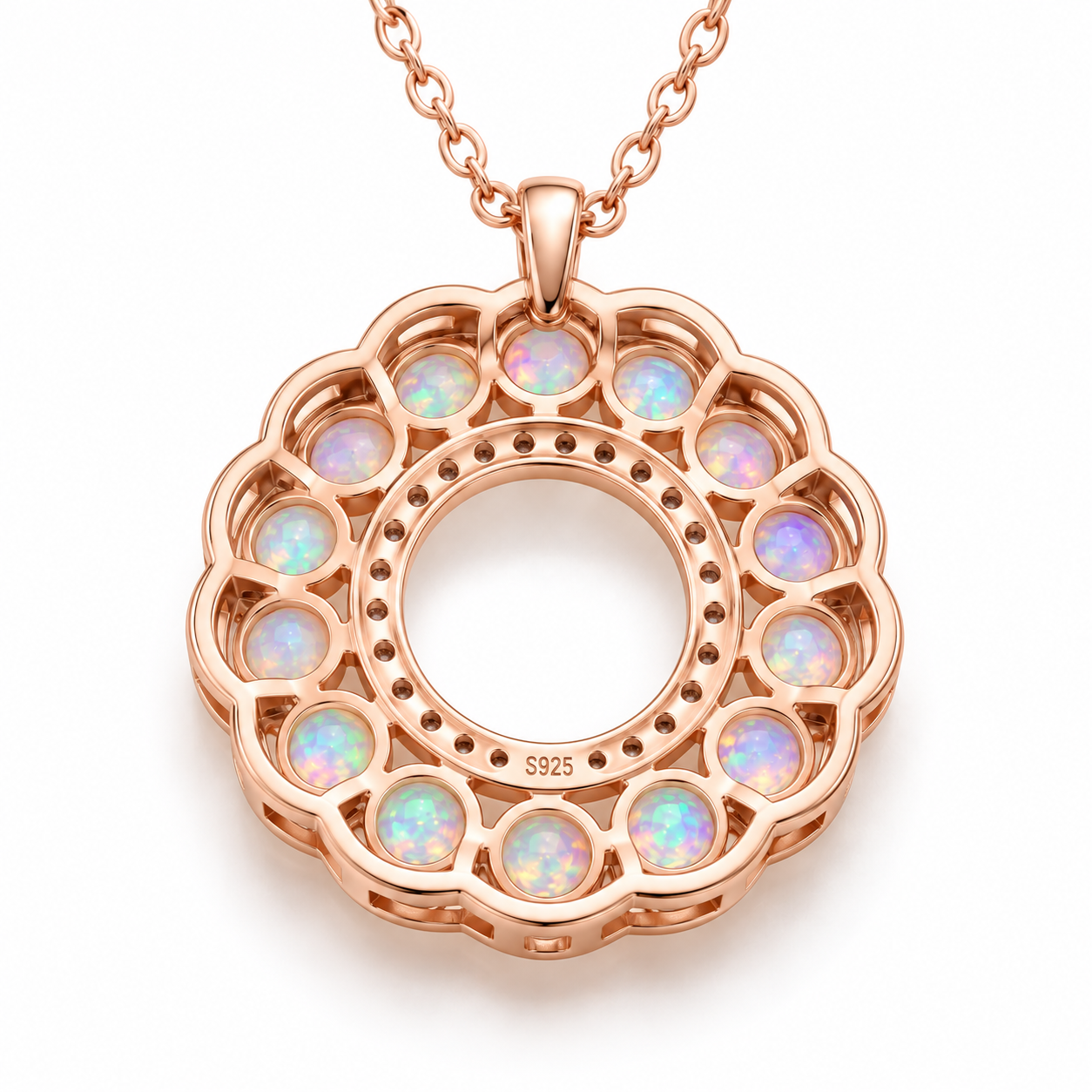Detailed underside view of natural fire opal pendant necklace showing sterling silver pendant craftsmanship