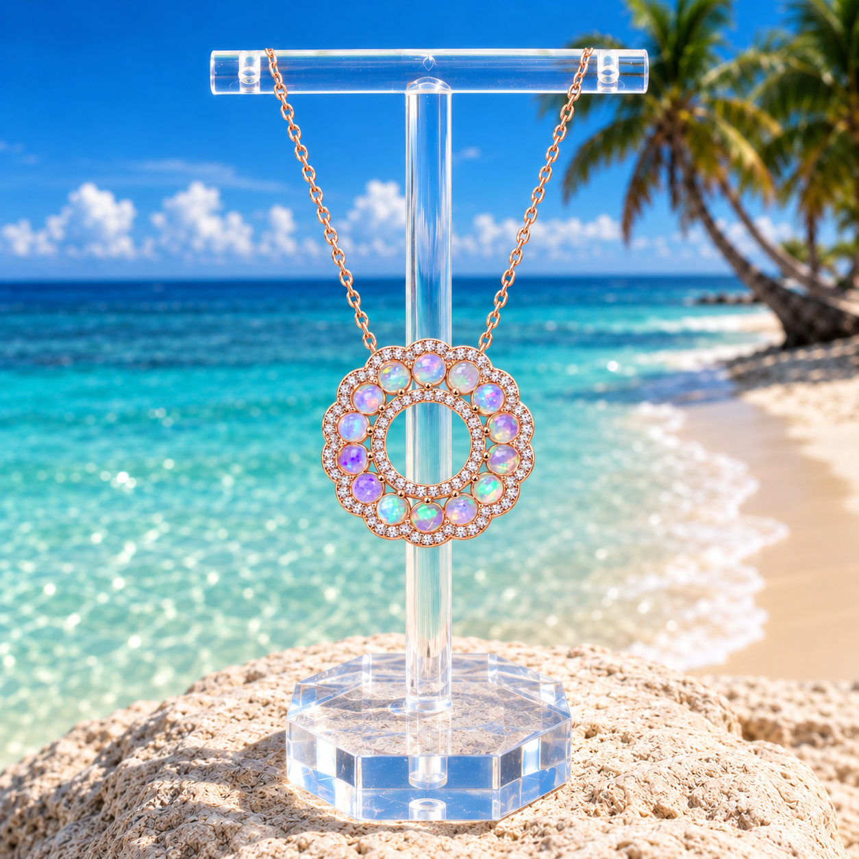 3mm Round Fire Opal Pendant Necklace over a Beach Background