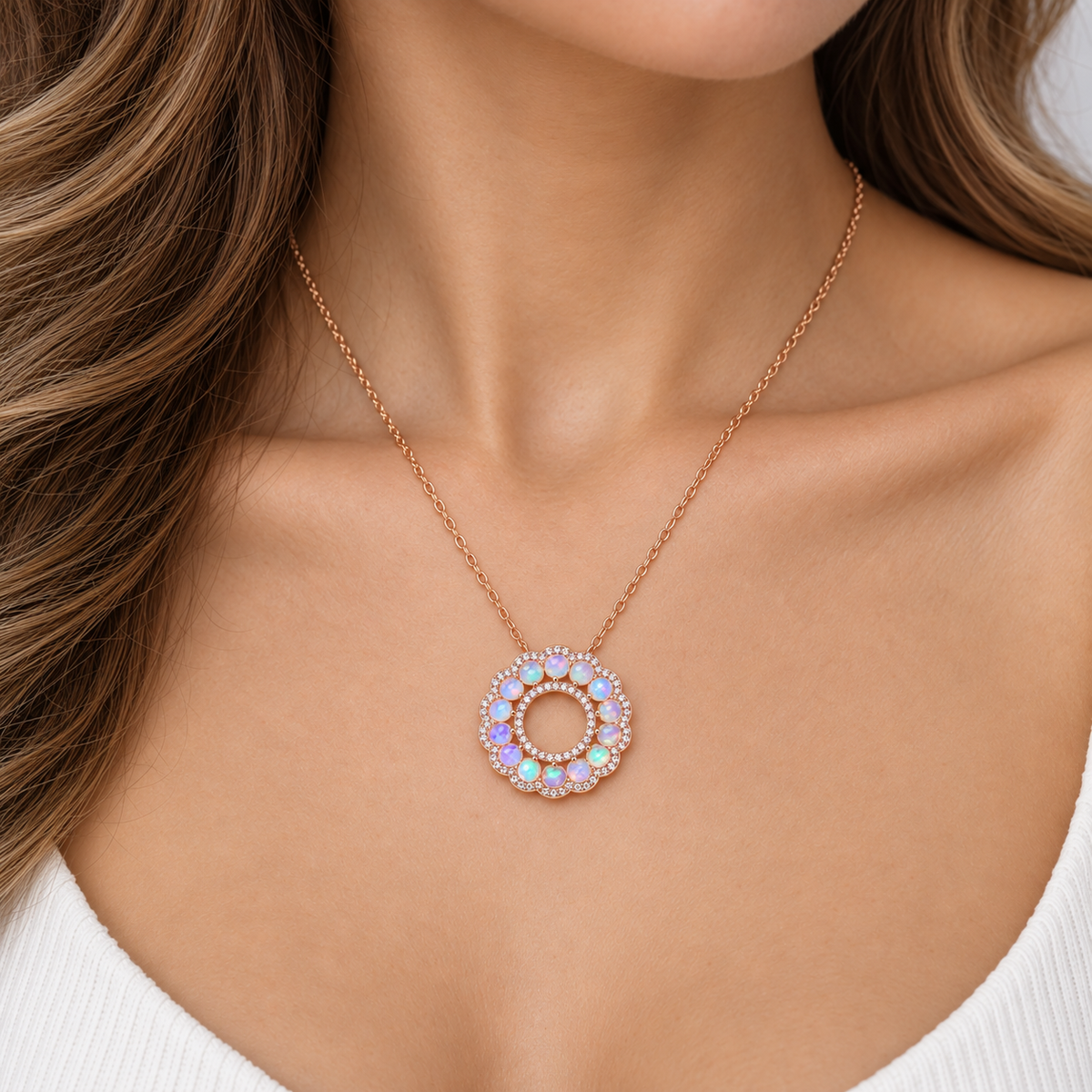 3mm Round Fire Opal Pendant Shown on a Model
