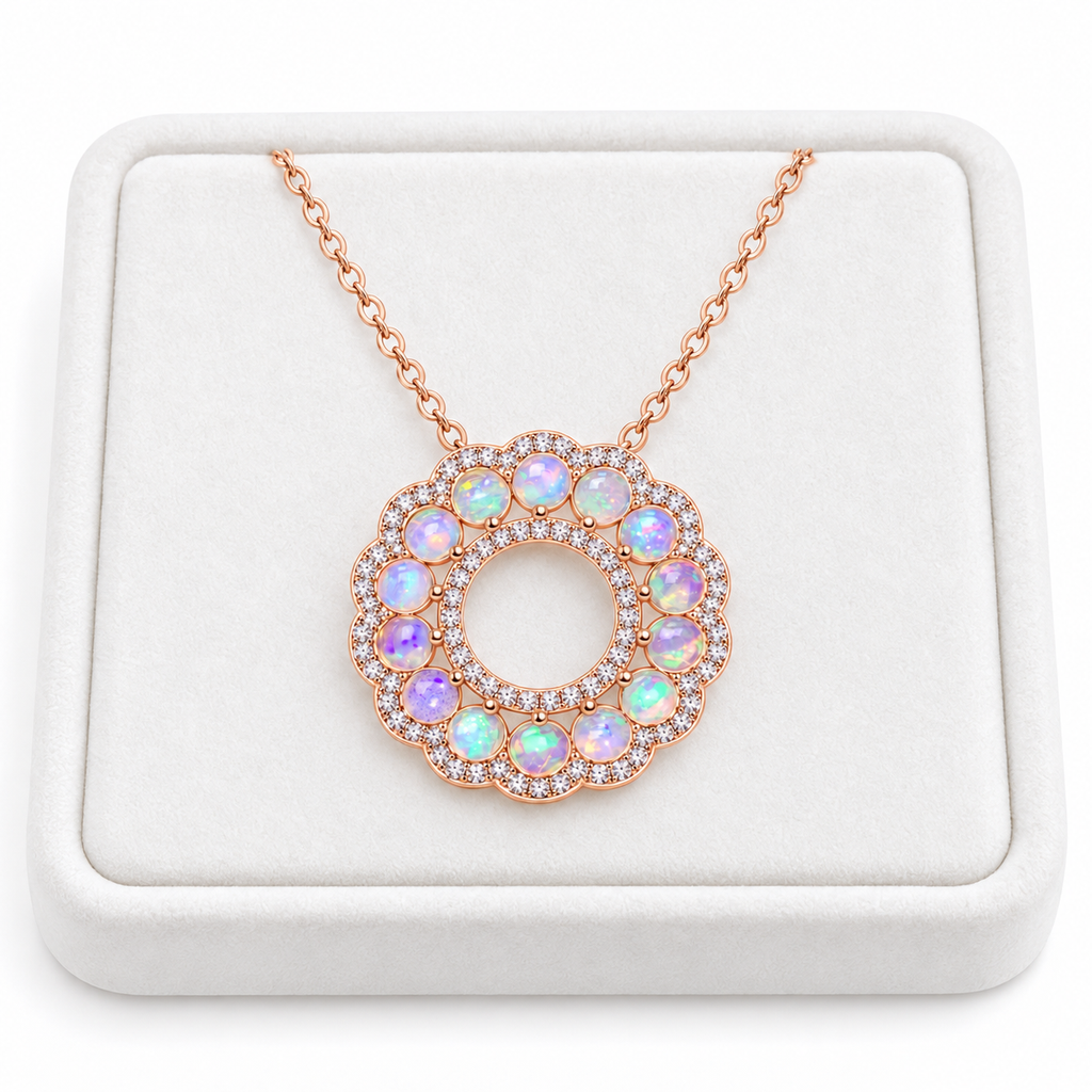 3mm Round Fire Opal Pendant on a White Tray over a White Background