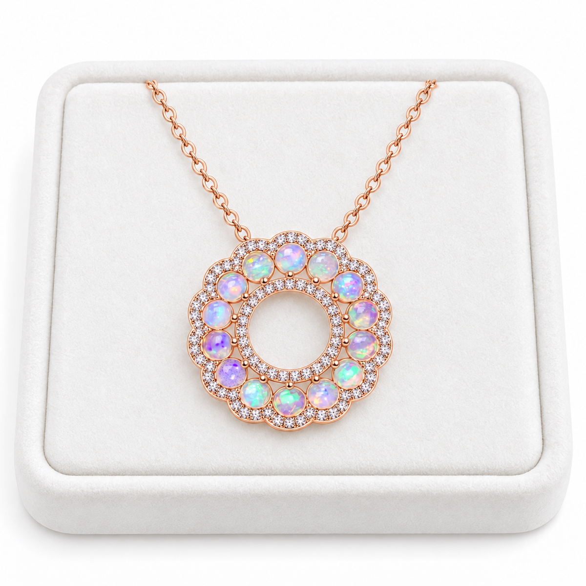3mm Round Fire Opal Pendant on a White Tray over a White Background