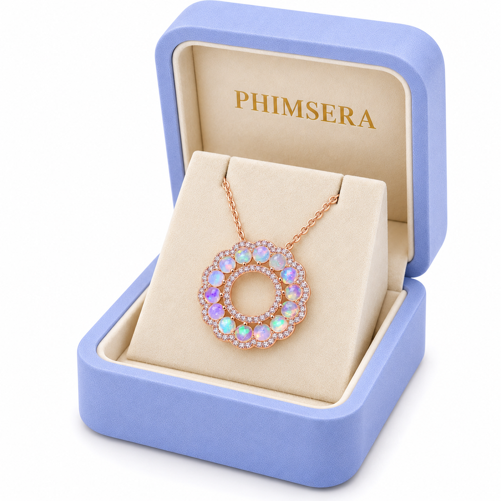 Natural fire opal pendant necklace presented in a Phimsera jewelry gift box