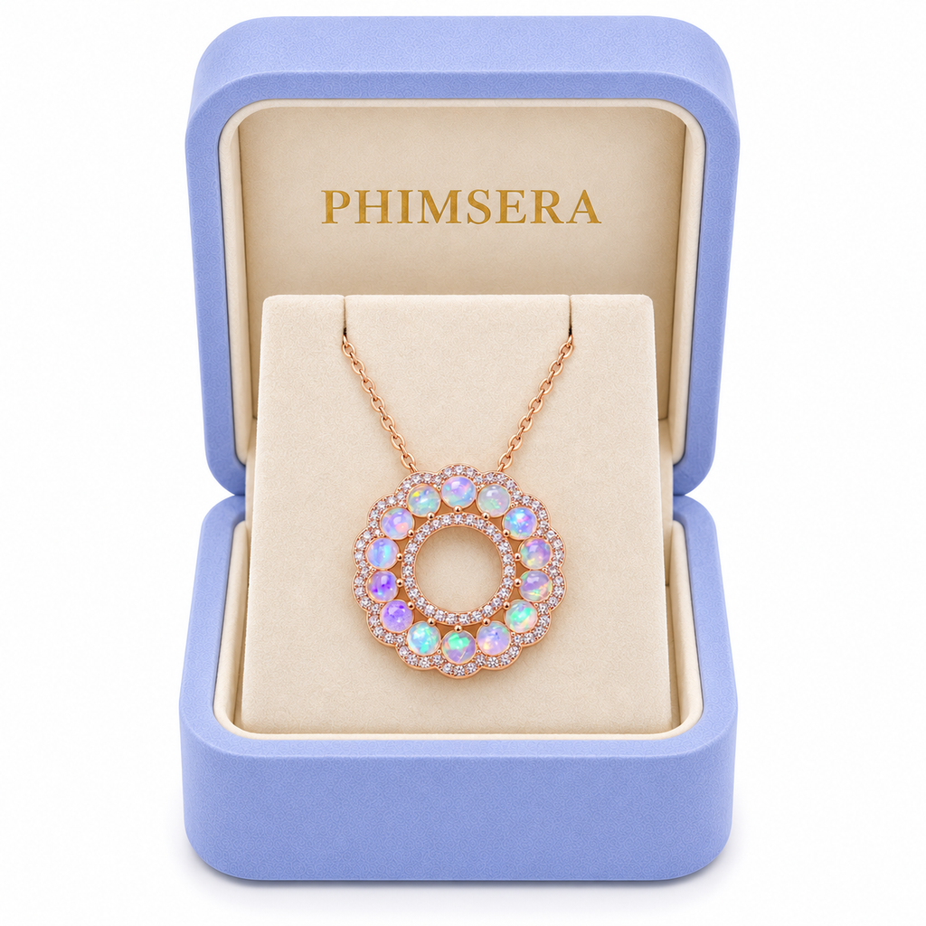 Natural fire opal pendant necklace presented in a Phimsera jewelry gift box