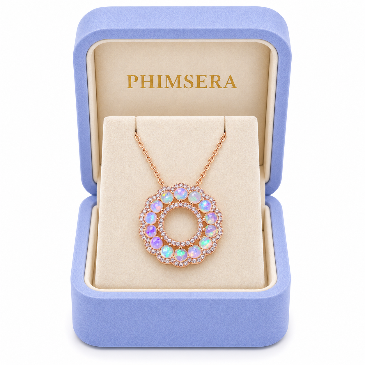 Natural fire opal pendant necklace presented in a Phimsera jewelry gift box