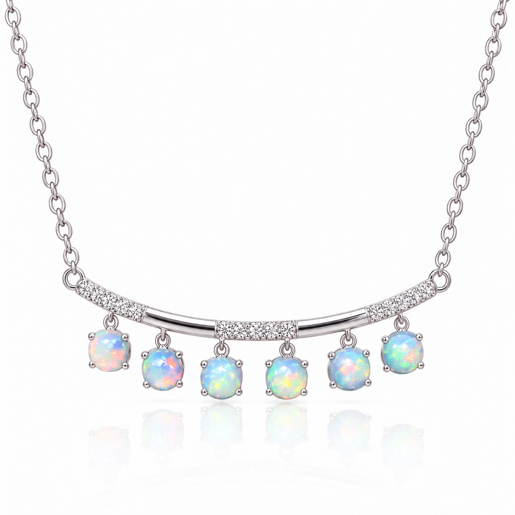Natural fire opal necklace with six 3mm round gemstones in 925 sterling silver on white background