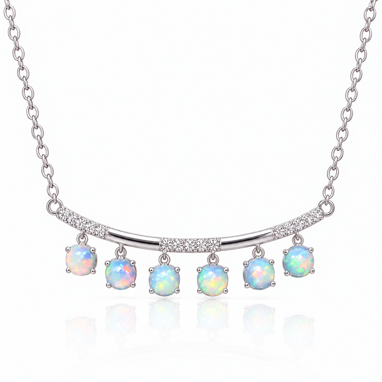 Natural fire opal necklace with six 3mm round gemstones in 925 sterling silver on white background