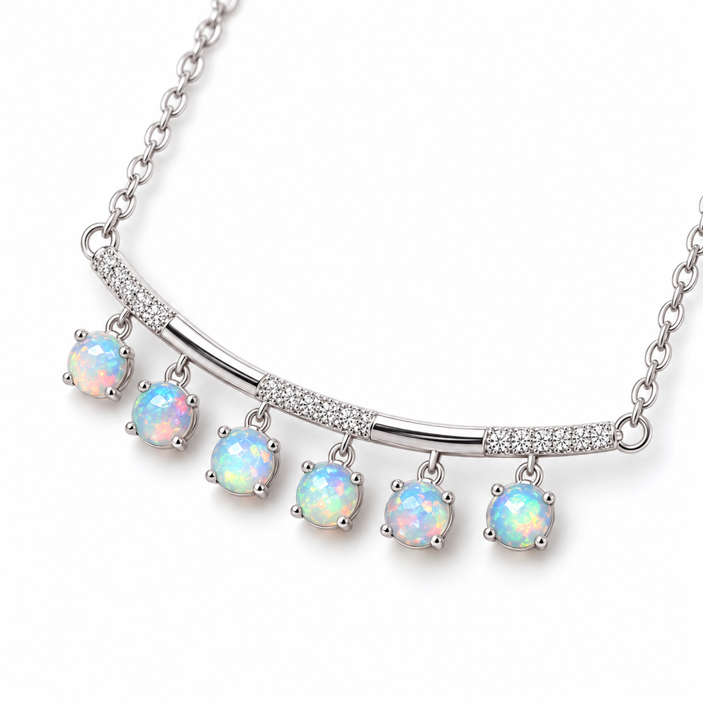 Side angle of natural fire opal necklace with six colorful 3mm round gemstones