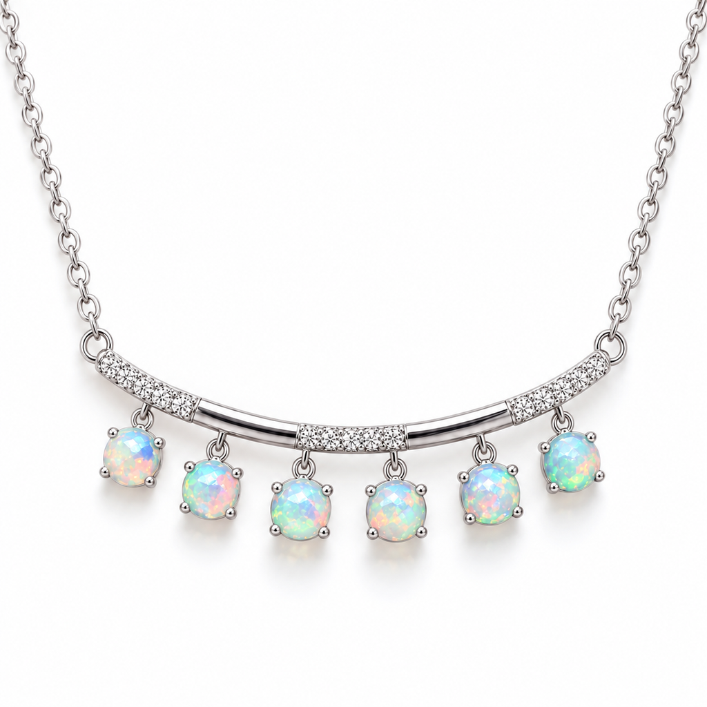 Top view of six stone natural fire opal necklace with curved pavé bar