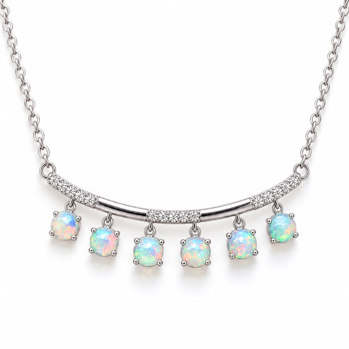 Top view of six stone natural fire opal necklace with curved pavé bar