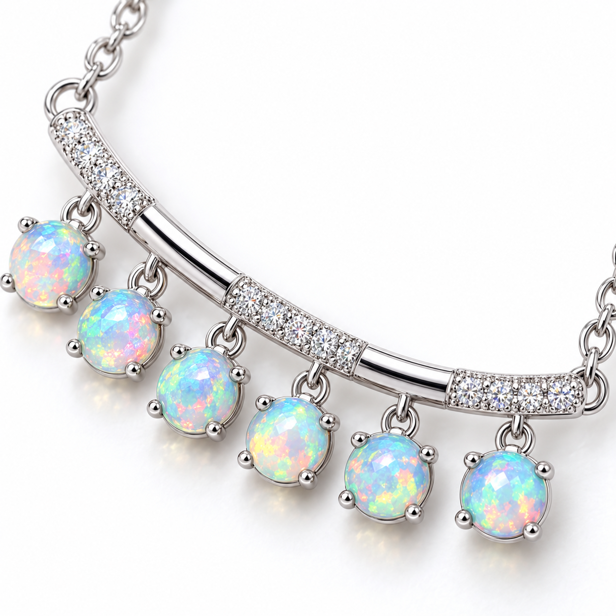 Close up macro of colorful 3mm round fire opals in sterling silver necklace