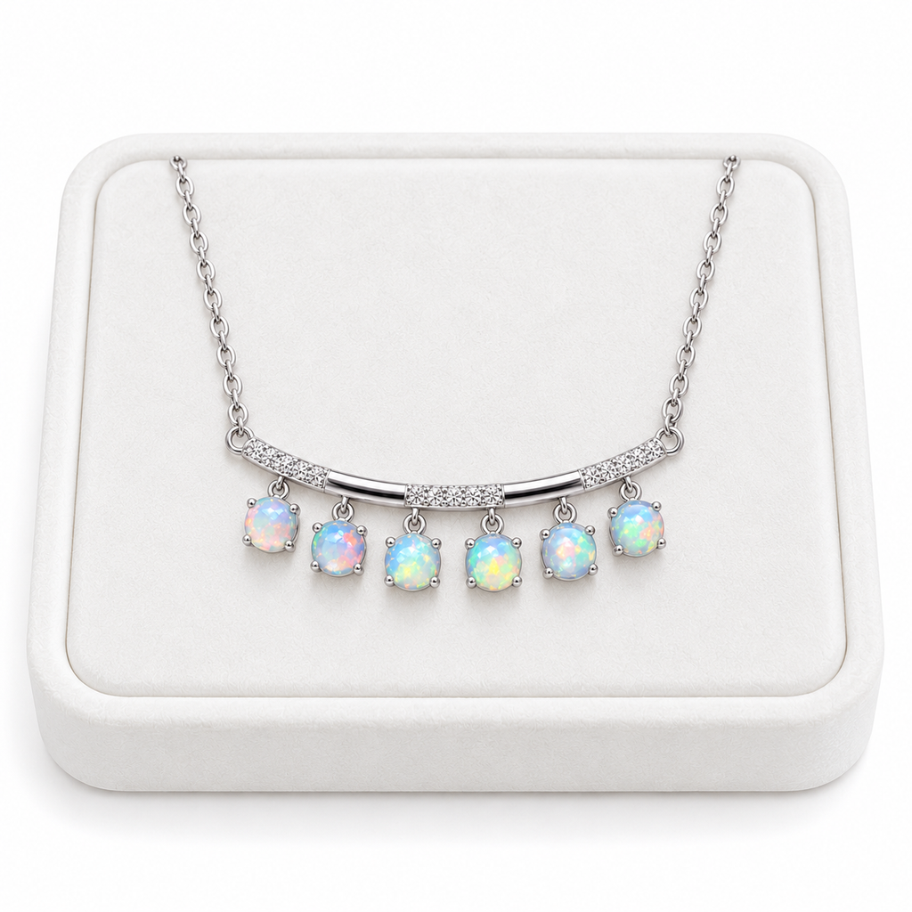 3mm Round Fire Opal Clavicle Chain Necklace on a White Tray