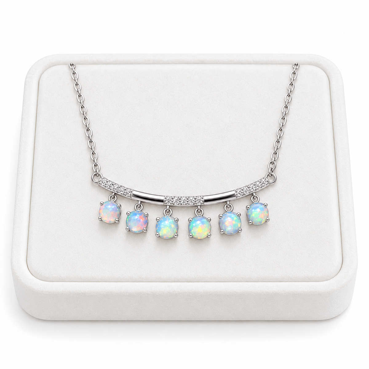 3mm Round Fire Opal Clavicle Chain Necklace on a White Tray