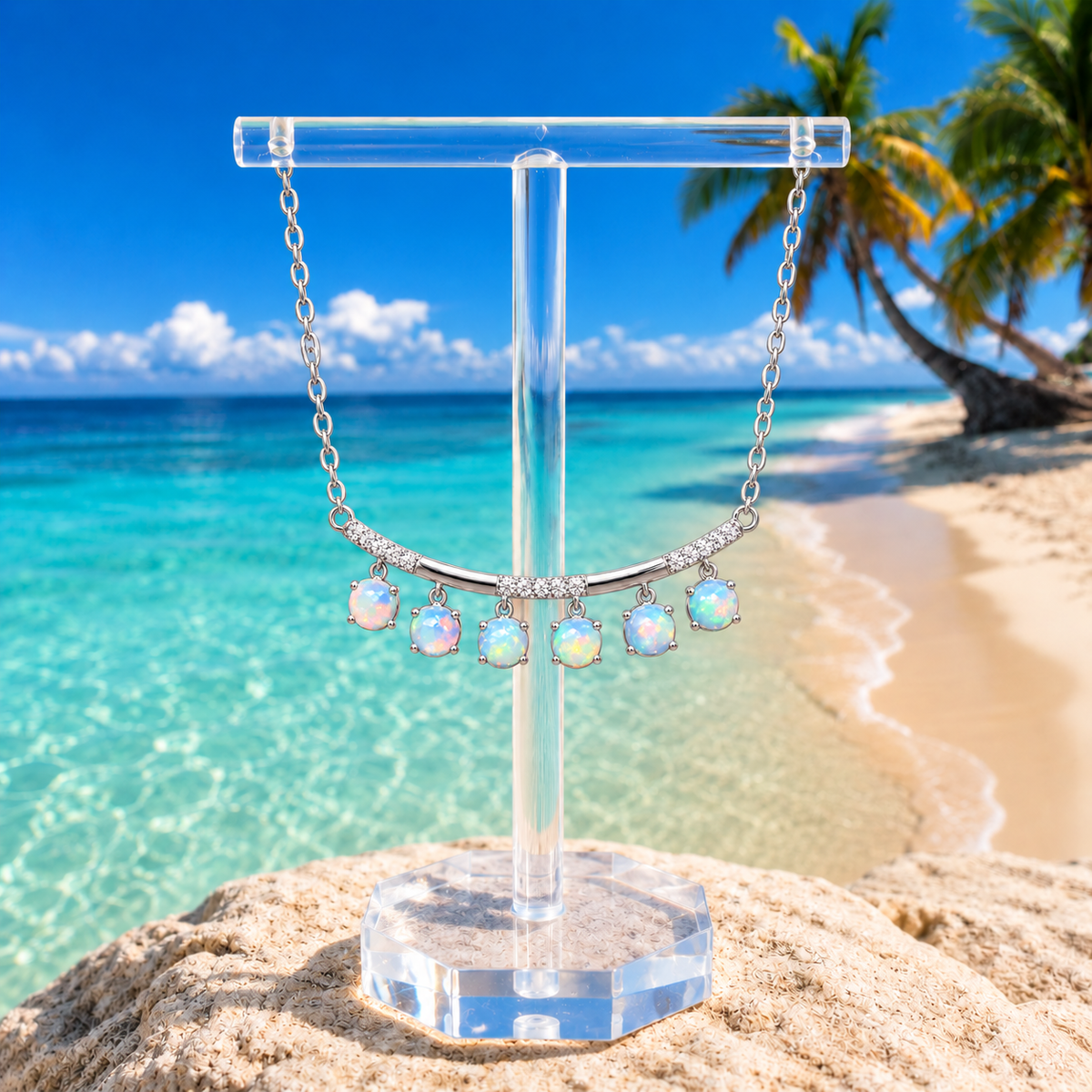 3mm Round Fire Opal Clavicle Chain Necklace in a Beach Setting