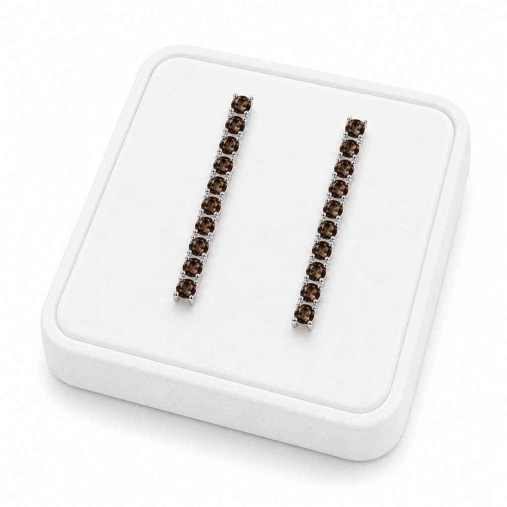 Natural 3mm Smoky Quartz dangle earrings displayed on a white velvet jewelry tray