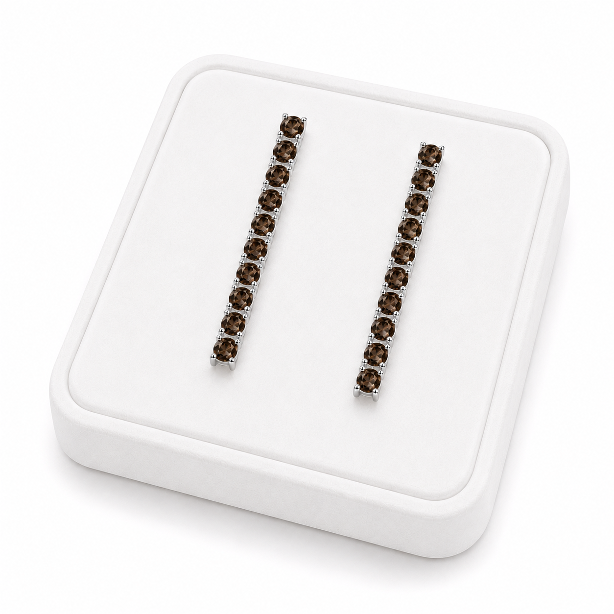 Natural 3mm Smoky Quartz dangle earrings displayed on a white velvet jewelry tray