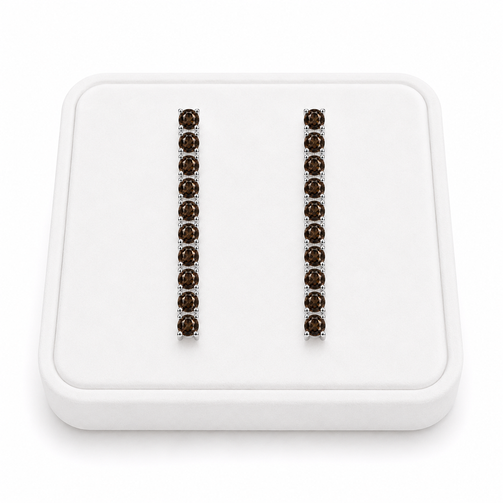 Natural 3mm Smoky Quartz dangle earrings displayed on a white velvet jewelry tray