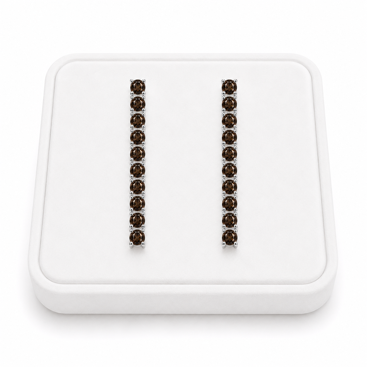 Natural 3mm Smoky Quartz dangle earrings displayed on a white velvet jewelry tray