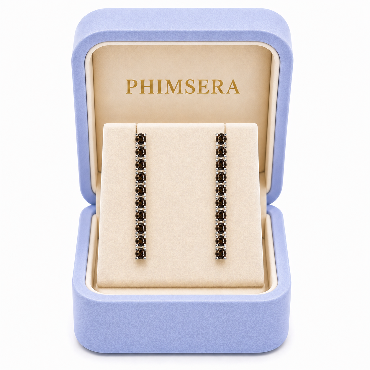 Natural Smoky Quartz dangle earrings presented in a Phimsera jewelry box