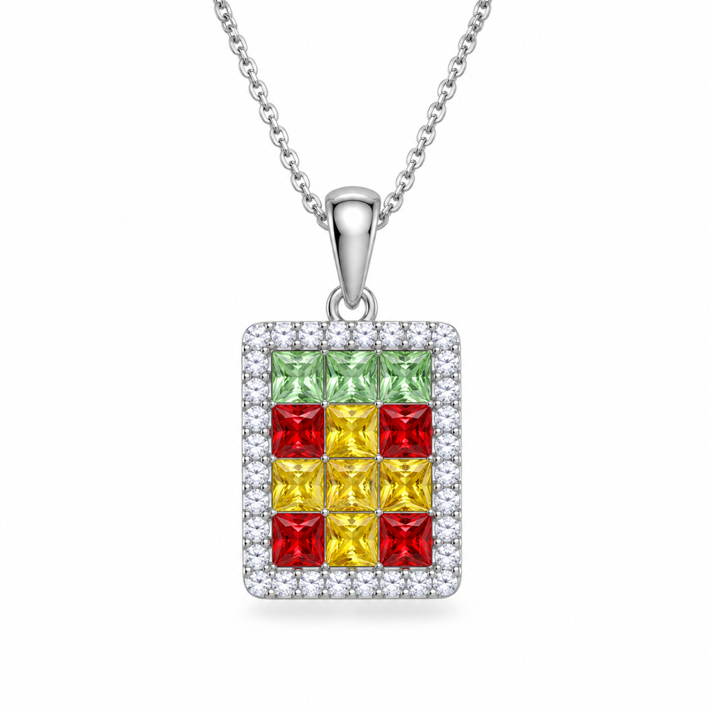 3mm square multicolor gemstone pendant necklace with green red and yellow gemstones