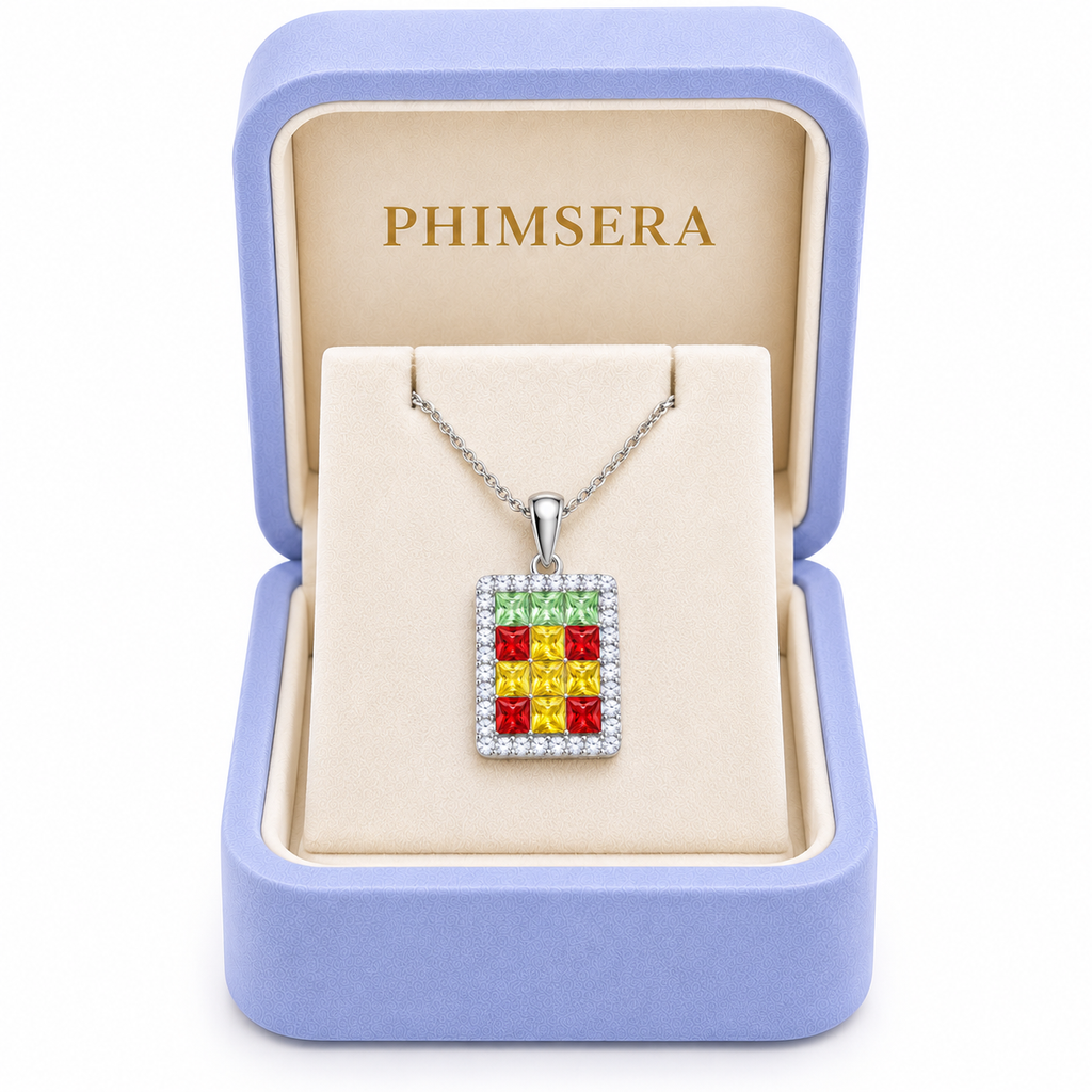 Multicolor gemstone pendant necklace presented in a Phimsera jewelry gift box