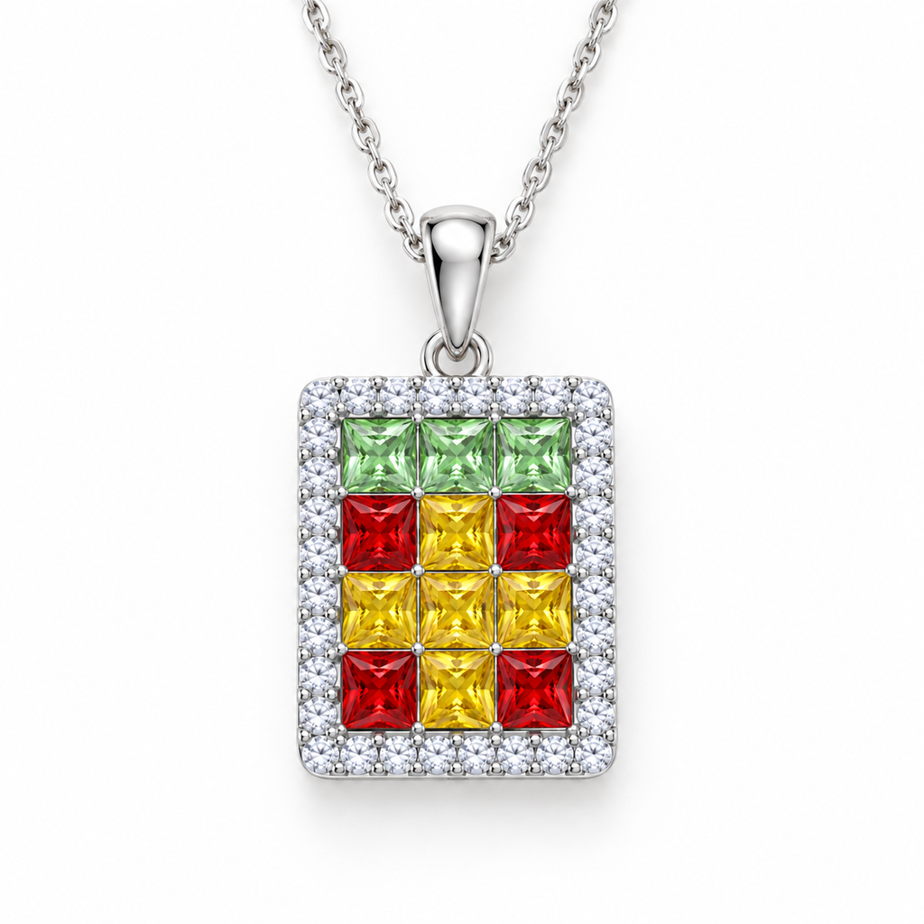 Multicolor gemstone pendant necklace with geometric square gemstone arrangement