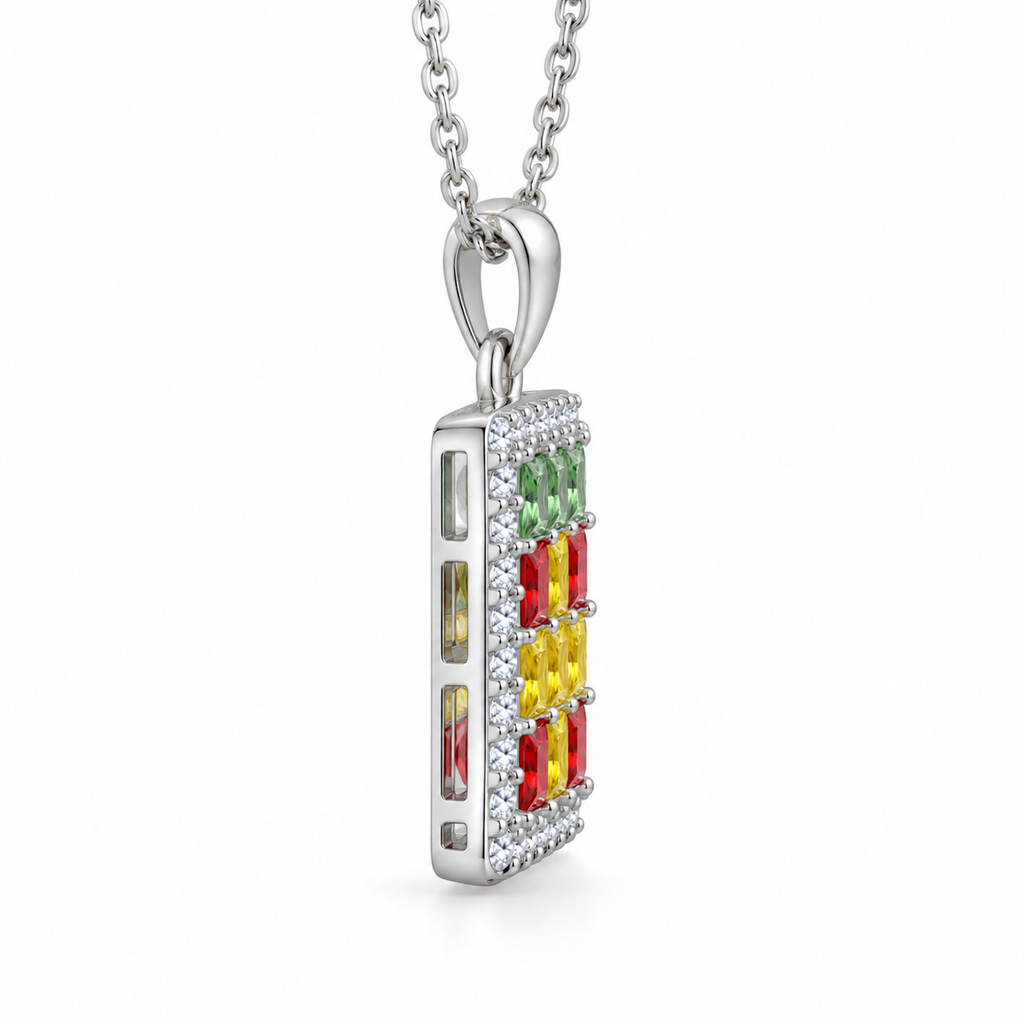 Side view of multicolor square gemstone pendant necklace with silver setting
