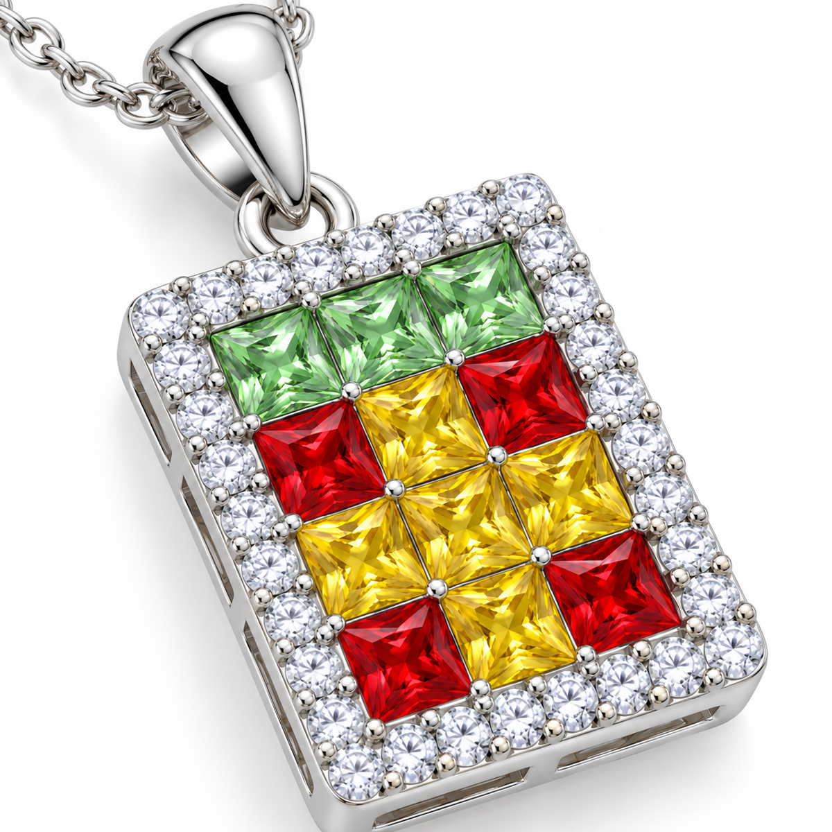 Close-up of 3mm square green red and yellow gemstones in pendant necklace