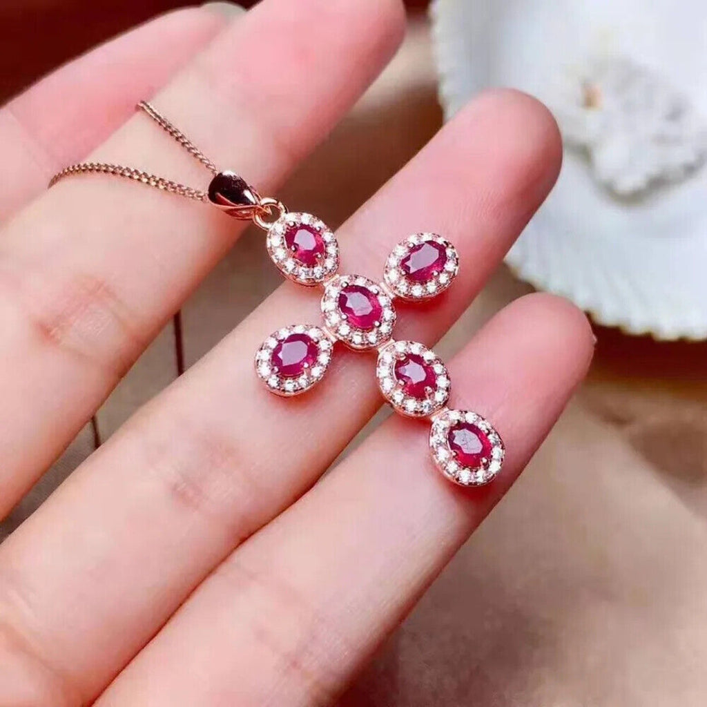Natural Gemstone Cross Necklace, Ruby, Sapphire, Emerald, Moonstone, Aquamarine