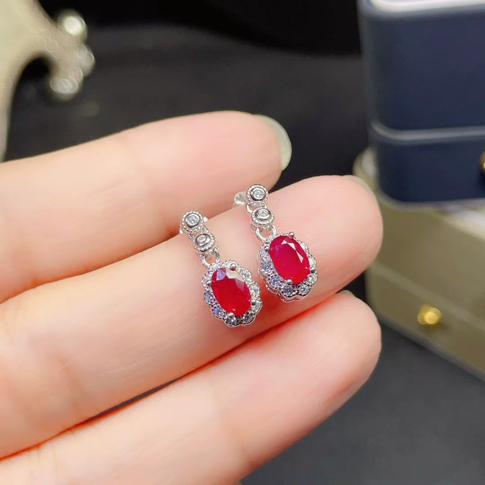 Natural Ruby Gemstone Earrings 925 Sterling Silver, Ruby Stud Earrings 4x6mm