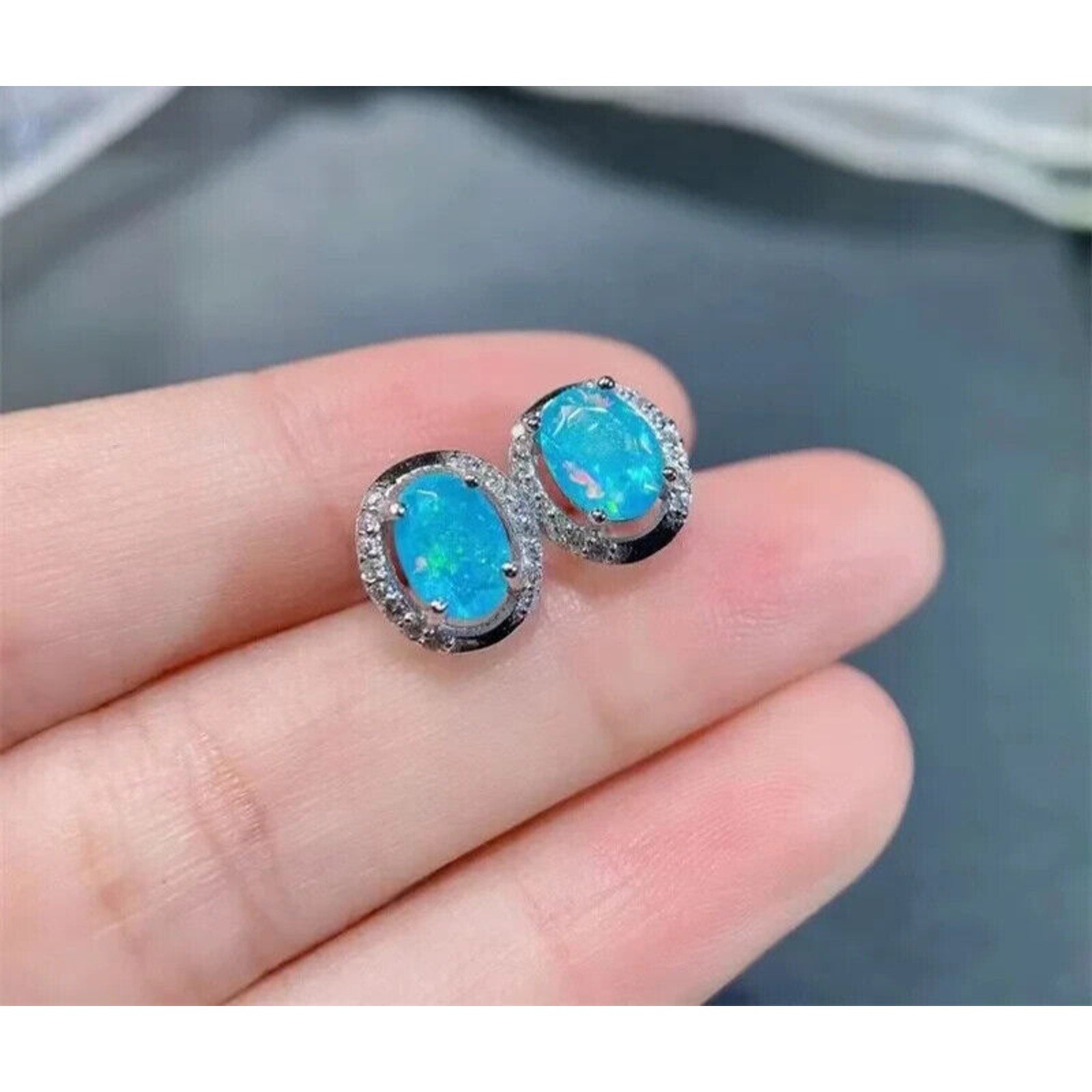 Blue Opal Stud Earrings, Natural Blue Fire Opal Stud Earrings 925 Sterling