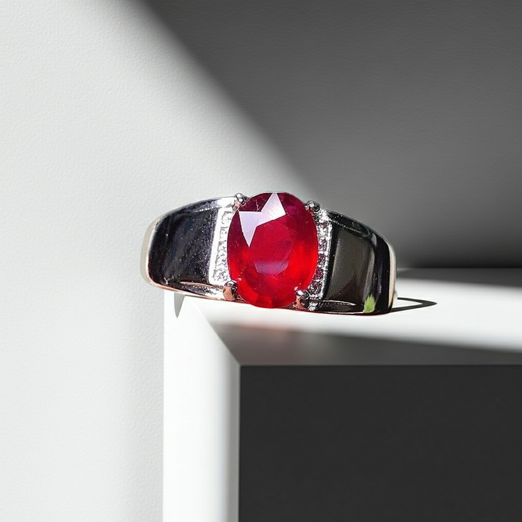 Mens Burma Ruby Ring 7x9mm Platinum Plated Silver