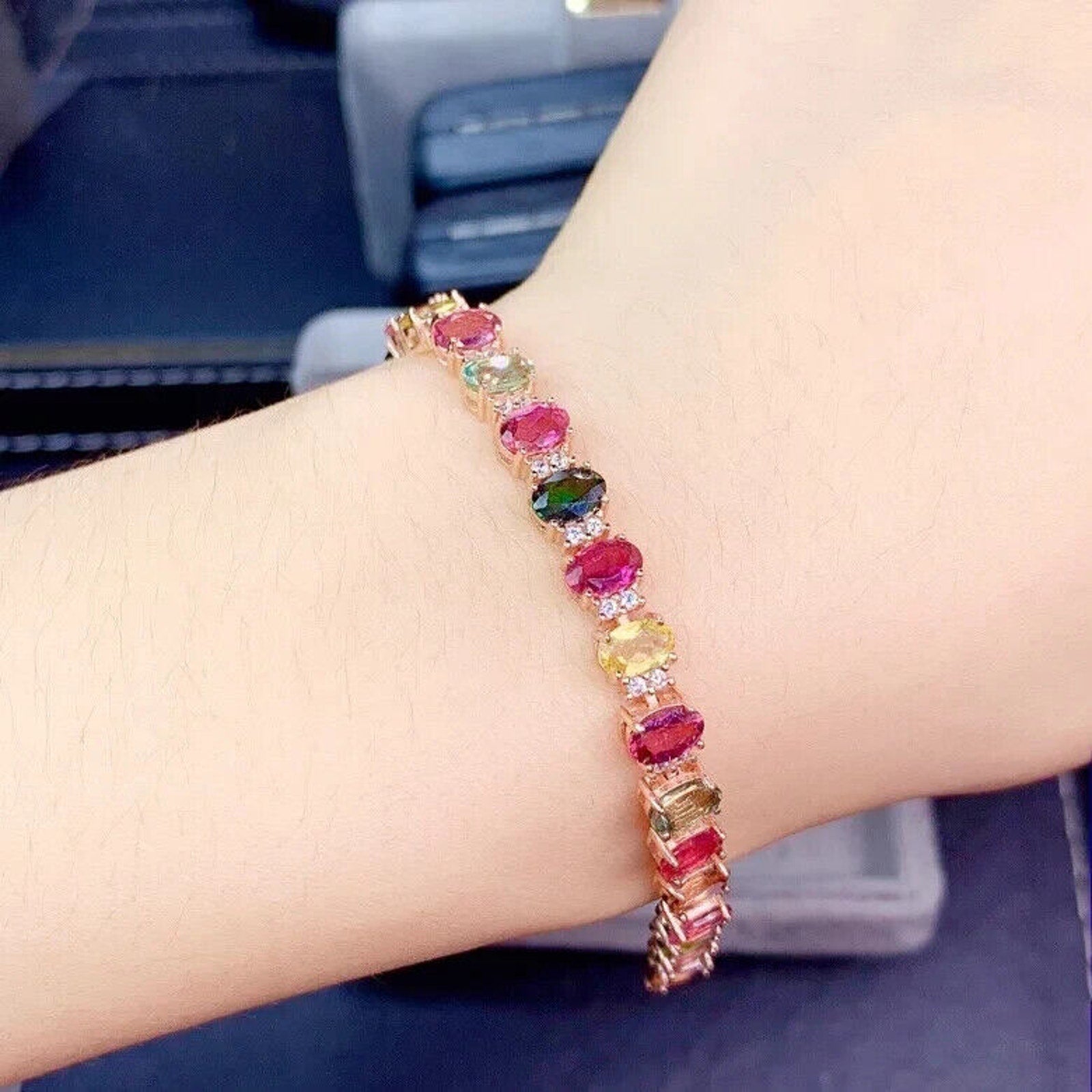 Natural Brazilian Tourmaline Gemstone Tennis Bracelet, Multicolor Tourmaline