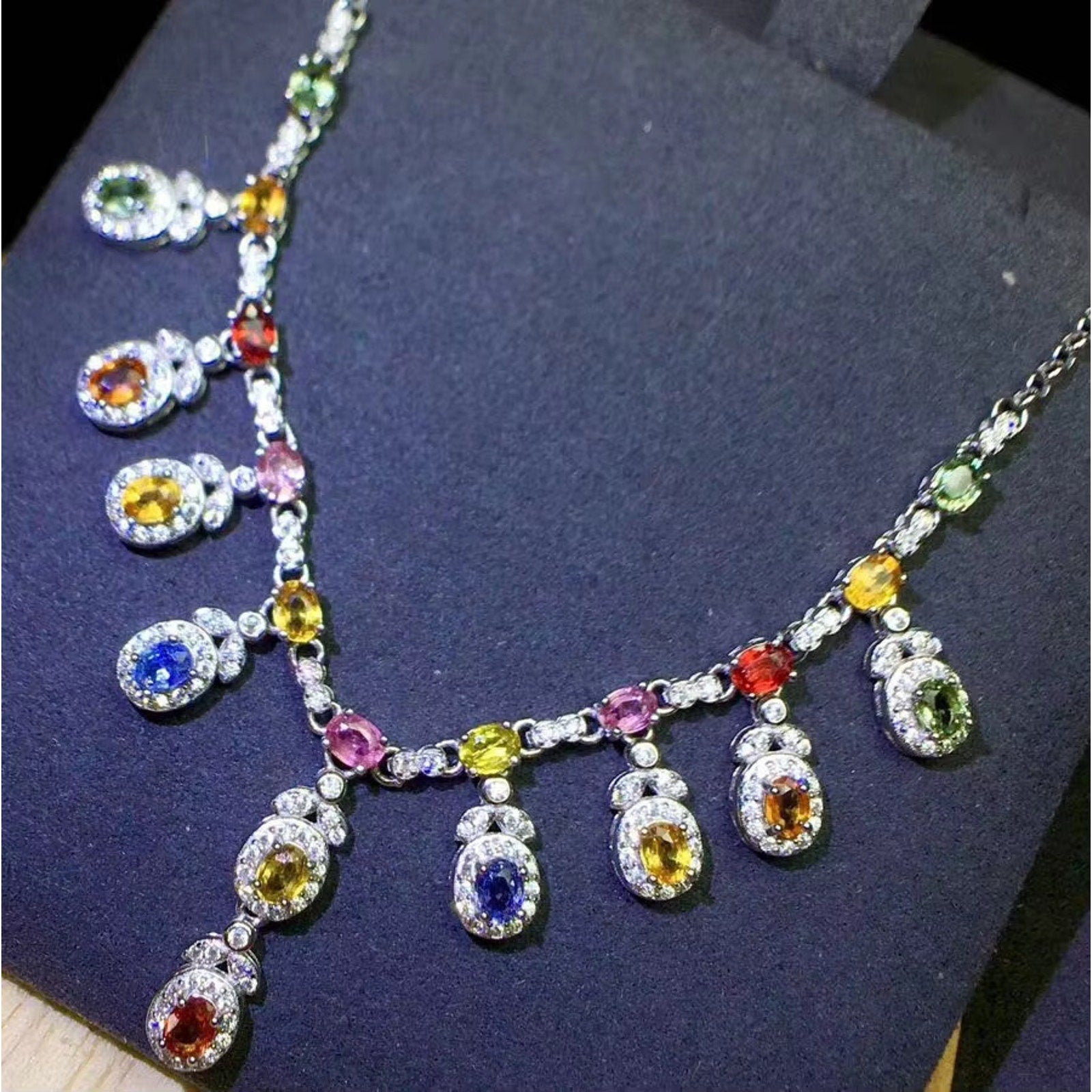 Multicolor Sapphire Gemstone Clavicle Necklace 3x4mm 925 Sterling Silver