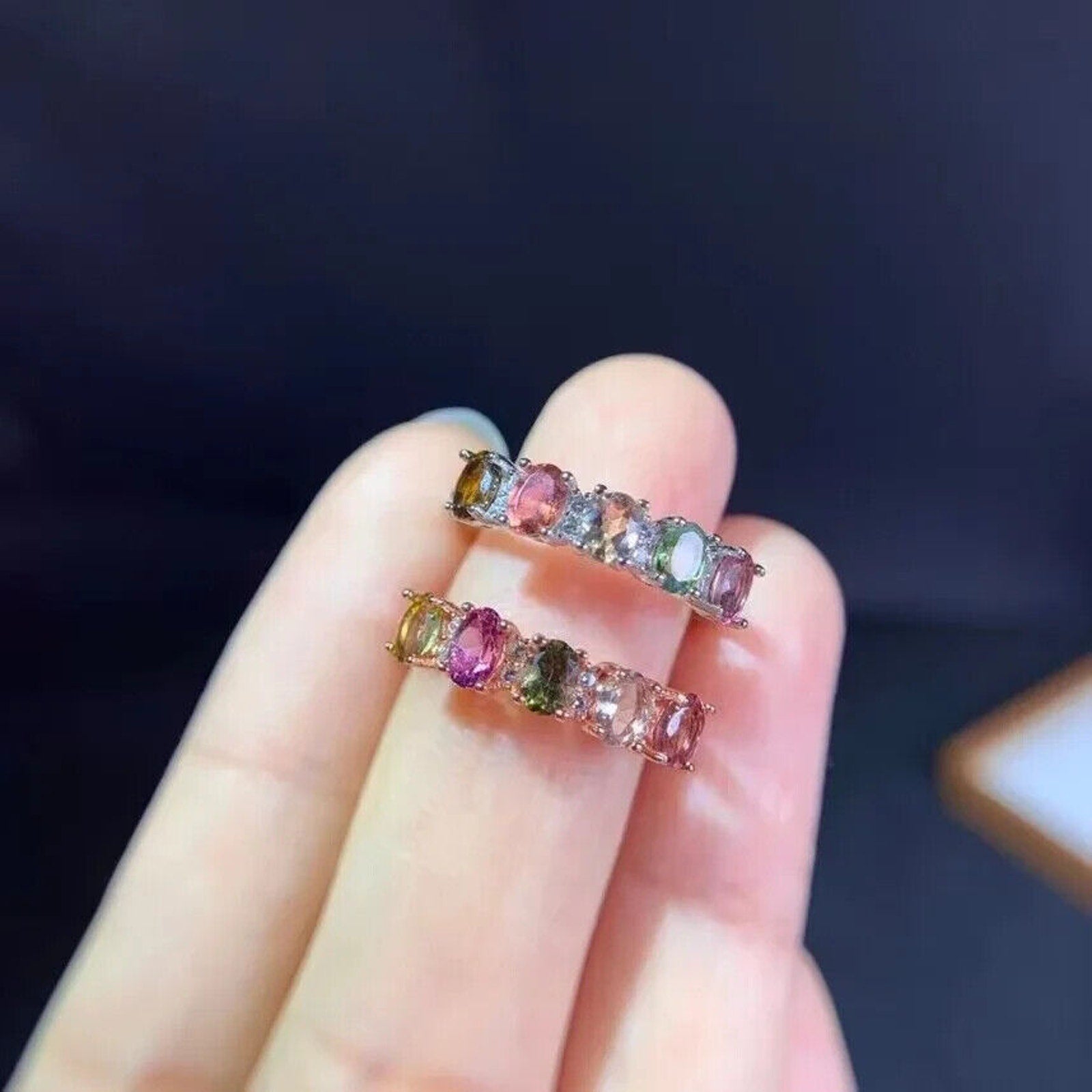 Dainty Tourmaline Gemstone Band Ring, Natural Multicolor Tourmaline Band Ring