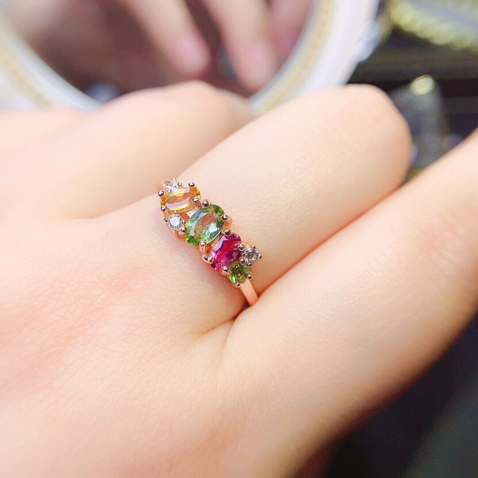 Natural Tourmaline Cluster Band Ring, Multicolor Tourmaline Sterling Silver Ring